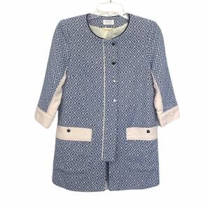 Anthropologie Harlyn Woven Jacket Blue Cream Diamond Pattern